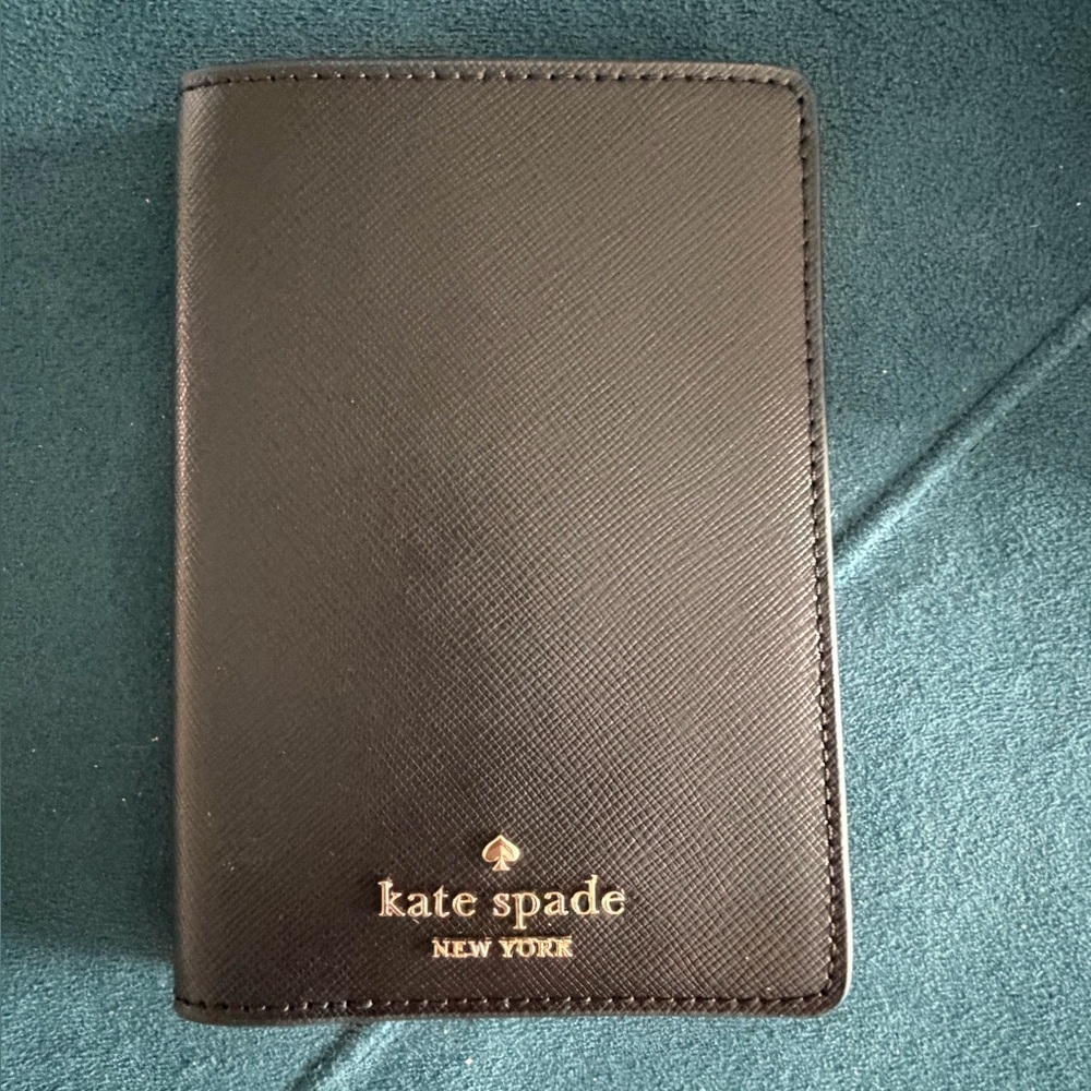 kate spade black leather passport wallet with gold logo